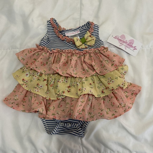 Bonnie Jean Other - Bonnie Baby Flare Navy Striped Tulle Bow‎ Dress Floral 3-6M Sleeveless
